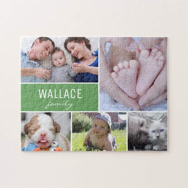 Puzzle Familia de Collage de fotos verde personalizada (Horizontal)