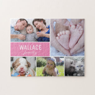 Puzzle Familia de Collages de fotos rosados personalizada