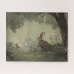 Puzzle Familia de conejos al agua estilo vintage en bosqu