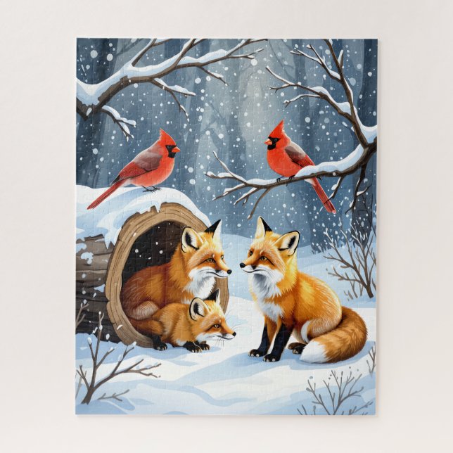 Puzzle Familia de Fox de Invierno con cardenales en bosqu (Vertical)