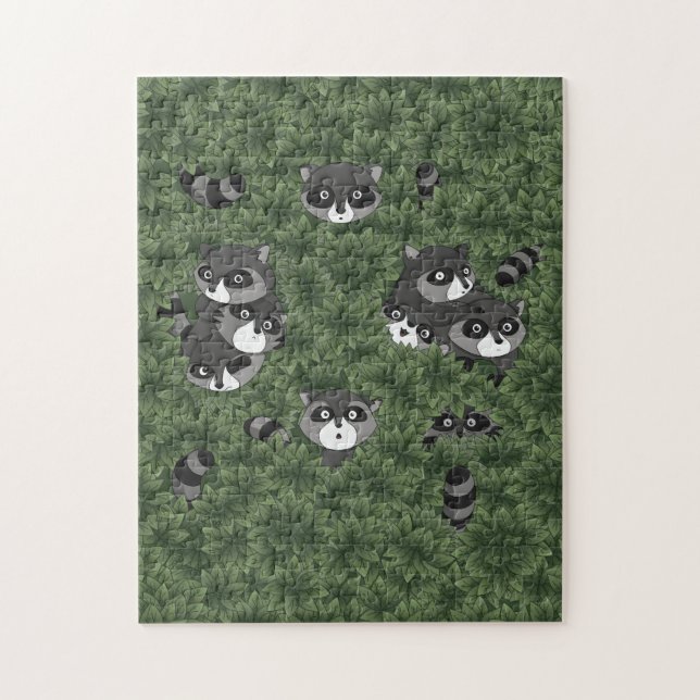 Puzzle Familia de mapaches en un arbusto (Vertical)
