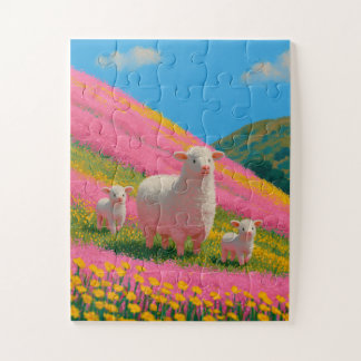 Puzzle Familia de ovejas esponjosas en colinas de flores