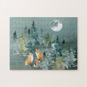 Puzzle Familia de zorros en bosque de luna llena acuarela