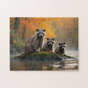 Puzzle Familia Raccoon en otoño