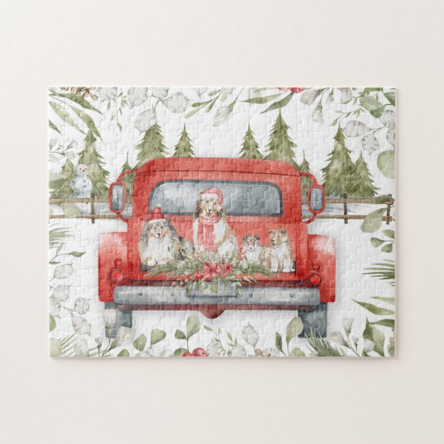 Puzzle Familia Sheltie en Navidades de camiones rojos (Horizontal)