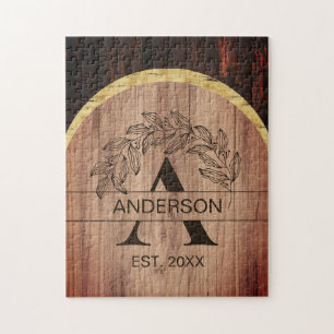 Puzzle Family Name Rustic Farmhouse Wood Monogrammed Gold