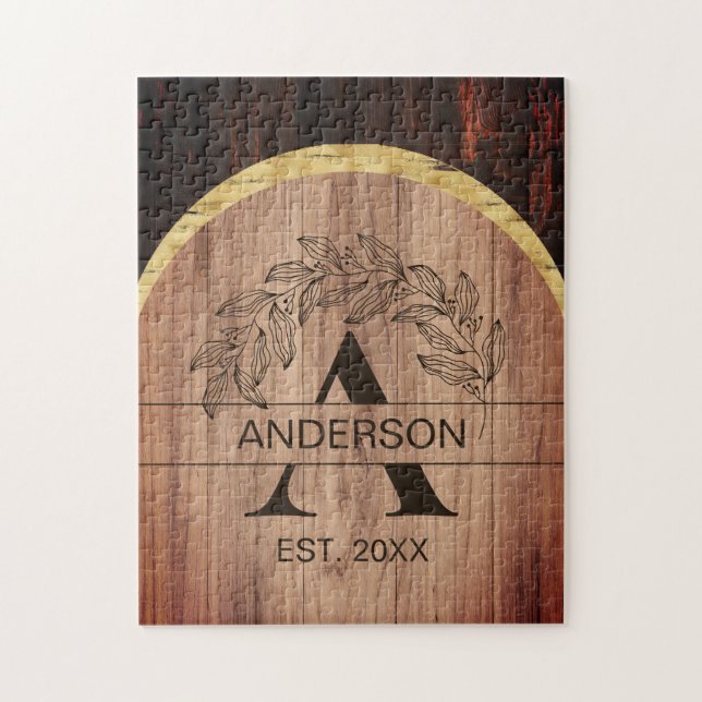 Puzzle Family Name Rustic Farmhouse Wood Monogrammed Gold (Vertical)