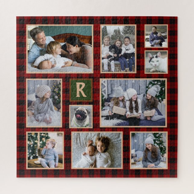 Puzzle Family Photo Collage Monogrammed Red Buffalo Plaid (Vertical)