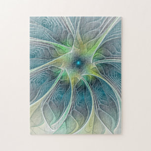Puzzle Fantasía Flor Fractal Verde Azul