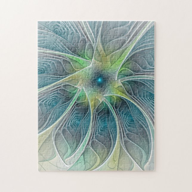 Puzzle Fantasía Flor Fractal Verde Azul (Vertical)