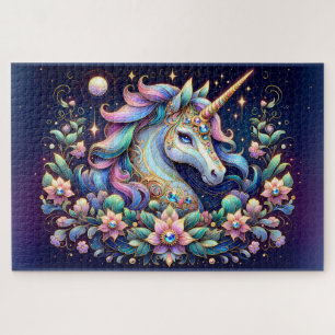 Puzzle Fantasia Floral de Unicornio de Tonos Preciosos