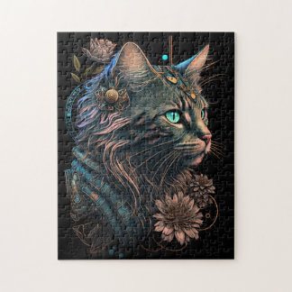 Puzzle Fantasía gato ocular azul con flores arte de IA