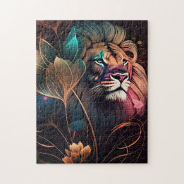 Puzzle Fantasía, hermoso león con flores arte de IA