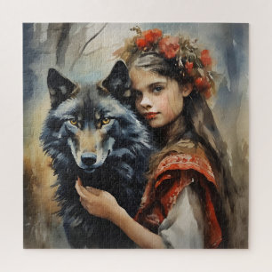 Puzzle Fantasía mística de lobo y Chica eslavo