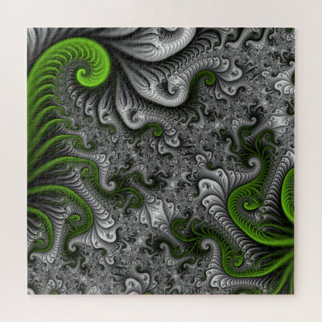 Puzzle Fantasía Mundo Arte Fractal Verde Y Gris Resumen (Horizontal)