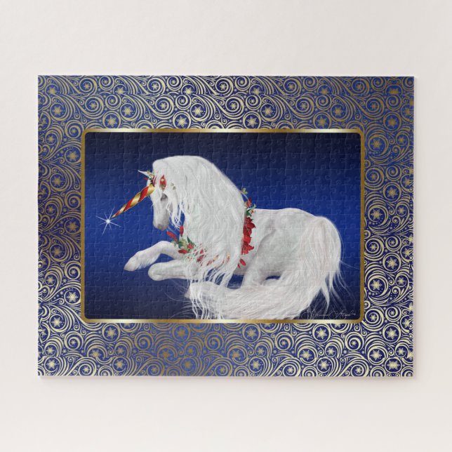 Puzzle Fantasía Royal Blue Gold Holiday Unicorn (Horizontal)