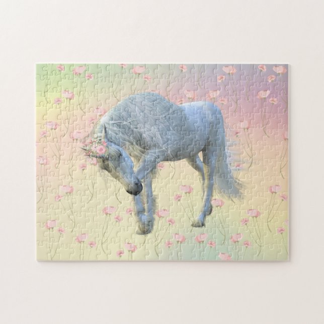 Puzzle Fantasía unicornio Bonito arcoíris floral (Horizontal)