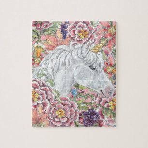 Puzzle Fantasía Unicornio Flores tropicales rosas mágic