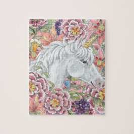 Puzzle Fantasía Unicornio Flores tropicales rosas mágicas