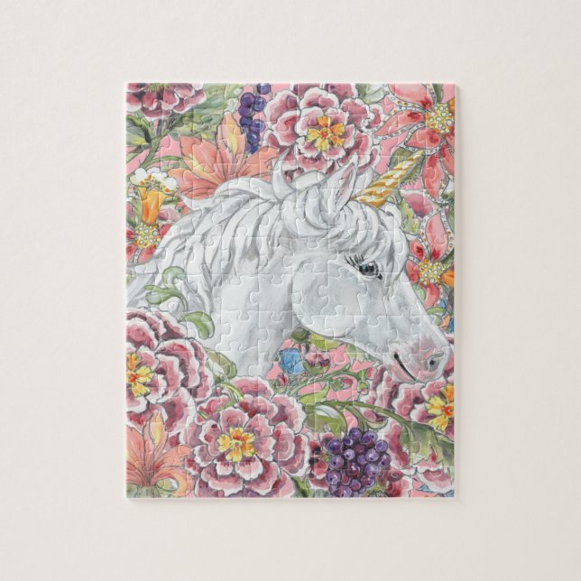 Puzzle Fantasía Unicornio Flores tropicales rosas mágicas (Vertical)