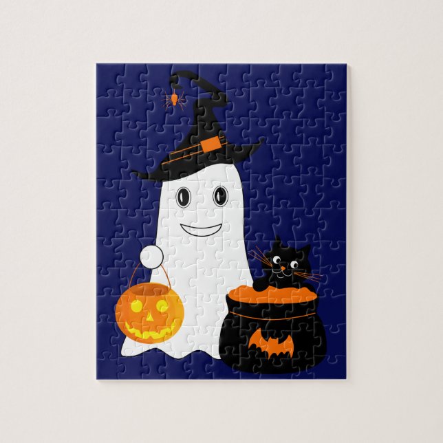 Puzzle Fantasma chiquita con gato negro celebra Halloween (Vertical)