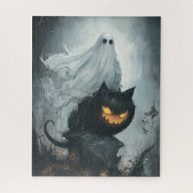 Fantasma de Halloween montando un gato negro