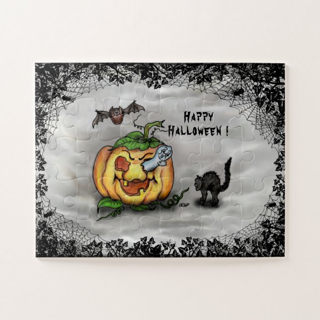 Puzzle Fantasma, Gato, Bat y Calabaza, ¡Feliz Halloween! (Horizontal)