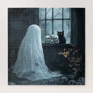 Puzzle Fantasma, gato y cráneos de Halloween