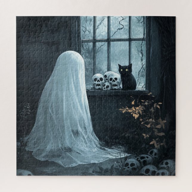 Puzzle Fantasma, gato y cráneos de Halloween (Vertical)