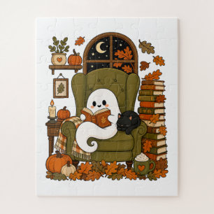 Puzzle Fantasma Lindo Leyendo Libro Gato Negro Otoño Cala