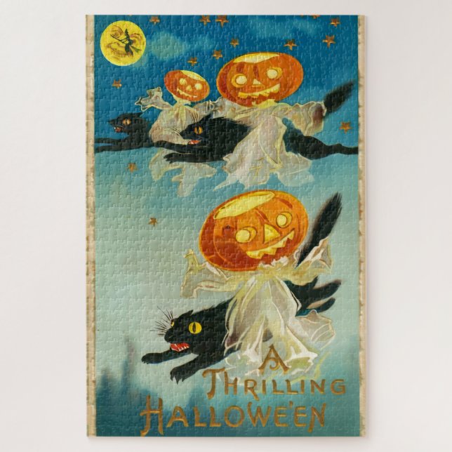 Puzzle Fantasmas de calabaza de Halloween y gatos negros (Vertical)