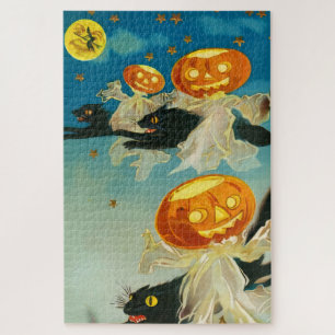 Puzzle Fantasmas de calabaza de Halloween y gatos negros