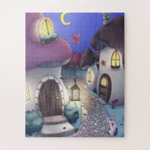 Puzzle Fantasy Nighttime Mushroom Village Ilustracion
