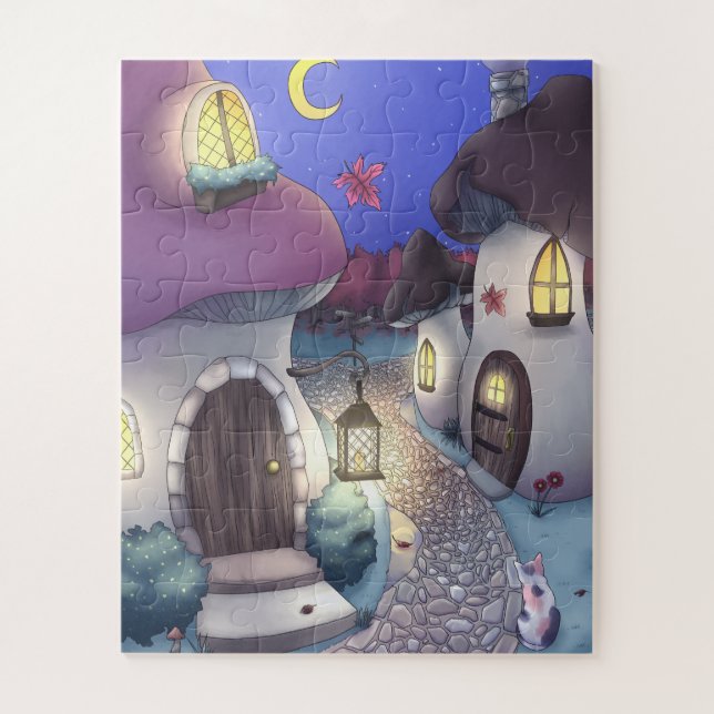Puzzle Fantasy Nighttime Mushroom Village Ilustracion (Vertical)