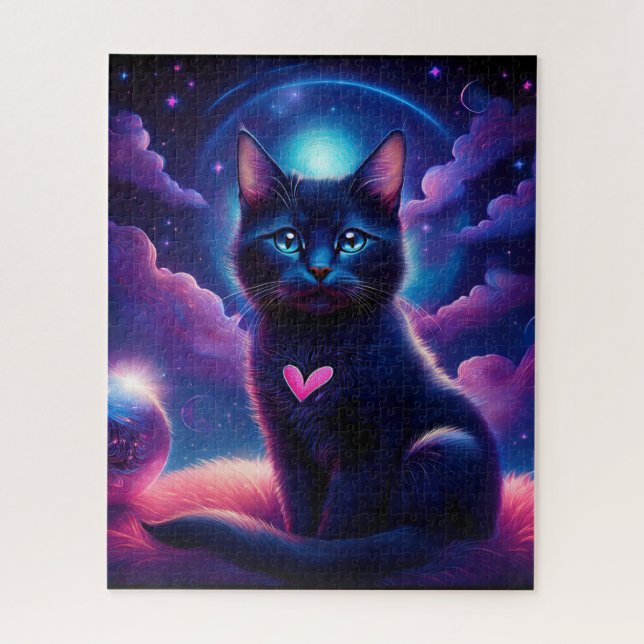 Puzzle Fantasy Scene Black Kitten Beautiful Blue Eyes (Vertical)