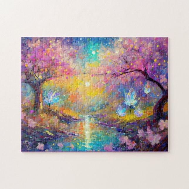 Puzzle Fantasy Sunrise Stream de cerezo en flor (Horizontal)