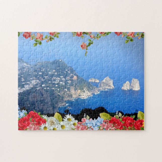 Puzzle Faraglioni roca isla Capri, Italia con flores (Horizontal)