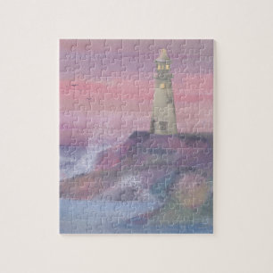 Puzzle Faro Azul Costero Con Cielo Rosa