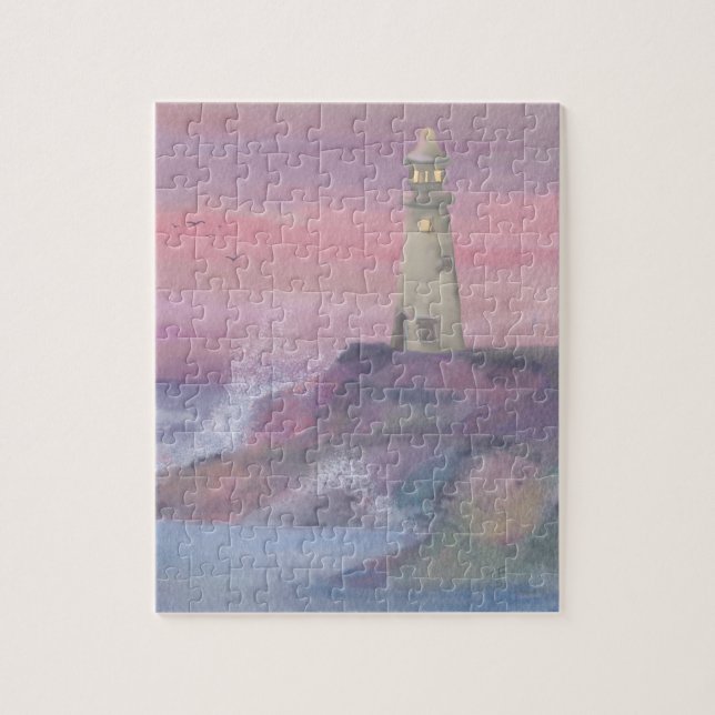 Puzzle Faro Azul Costero Con Cielo Rosa (Vertical)