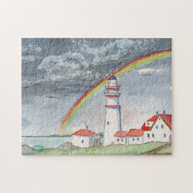 Puzzle Faro de acuarela Arco iris Paisaje Mar (Horizontal)