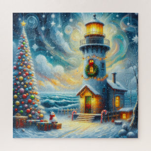 Puzzle Faro de árbol de navidad azul costero náutico