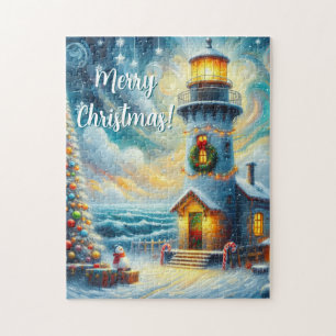 Puzzle Faro de árbol de navidad azul costero náutico