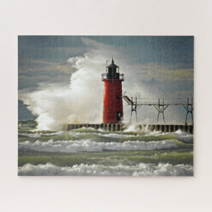 Puzzle Faro de Michigan con gran ola