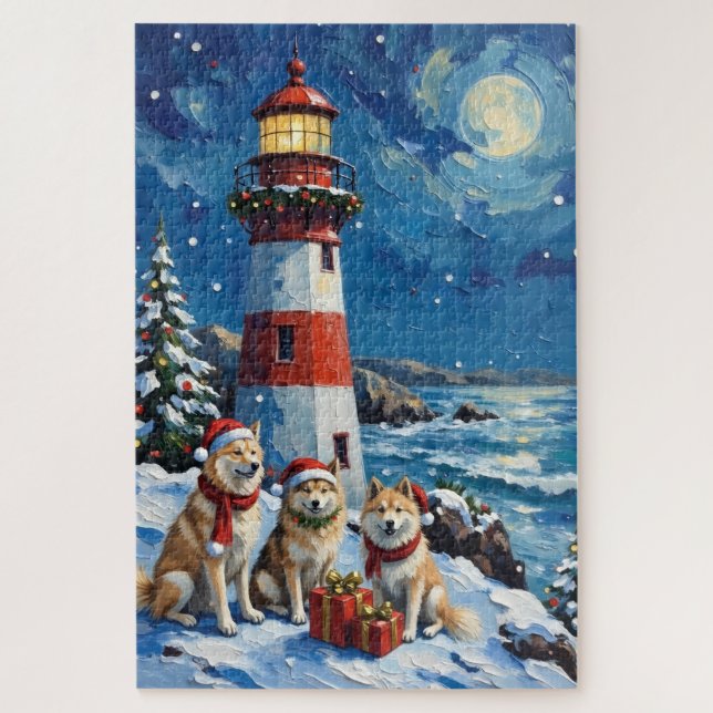 Puzzle Faro de Navidad Samoyed Fiesta (Vertical)