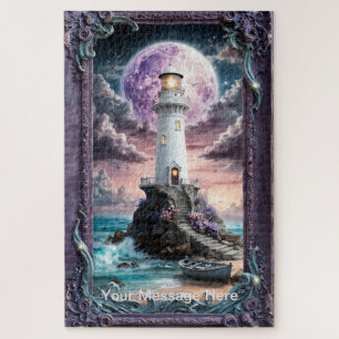 Puzzle Faro encantado de la luna púrpura junto al mar