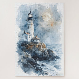 Puzzle Faro iluminado por la luna en costa rocosa