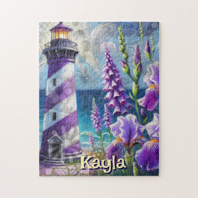 Puzzle Faro morado con Foxglove e Iris personalizado (Vertical)