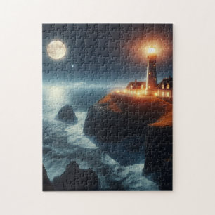 Puzzle Faro náutico/costero por la noche con luna