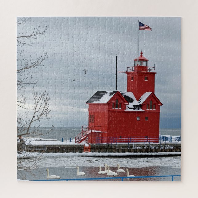Puzzle Faro rojo de Michigan con cisnes (Vertical)