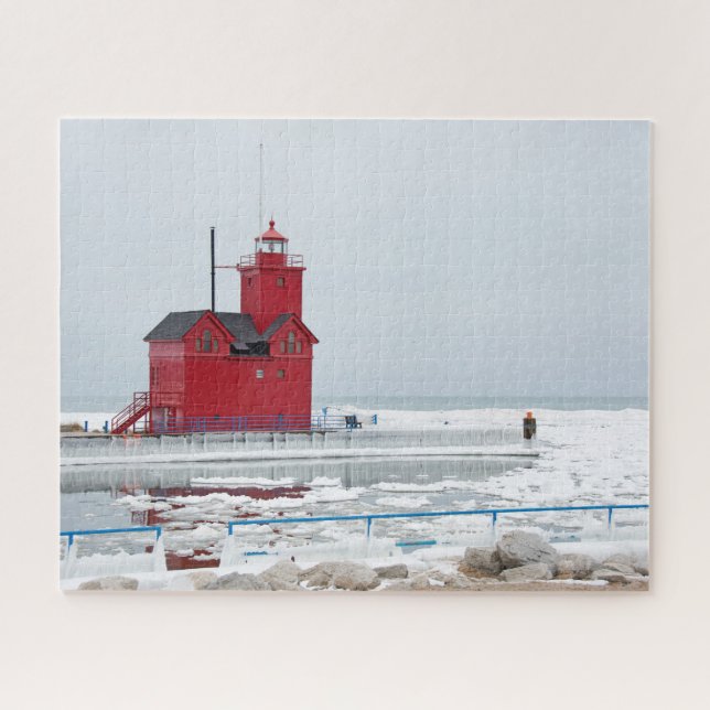 Puzzle Faro Rojo de Michigan en invierno (Horizontal)